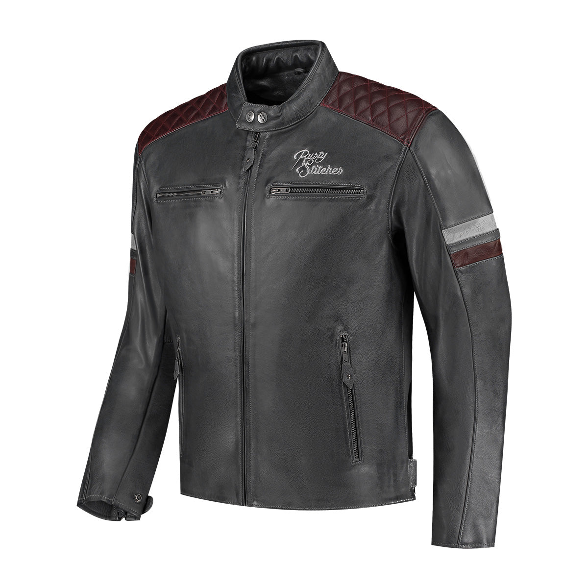 Rusty Stitches Jari V2 Leather Jacket Grey / Light Grey / Maroon - FREE 1 YEAR Returns, FREE UK Delivery | ThrottleChimp