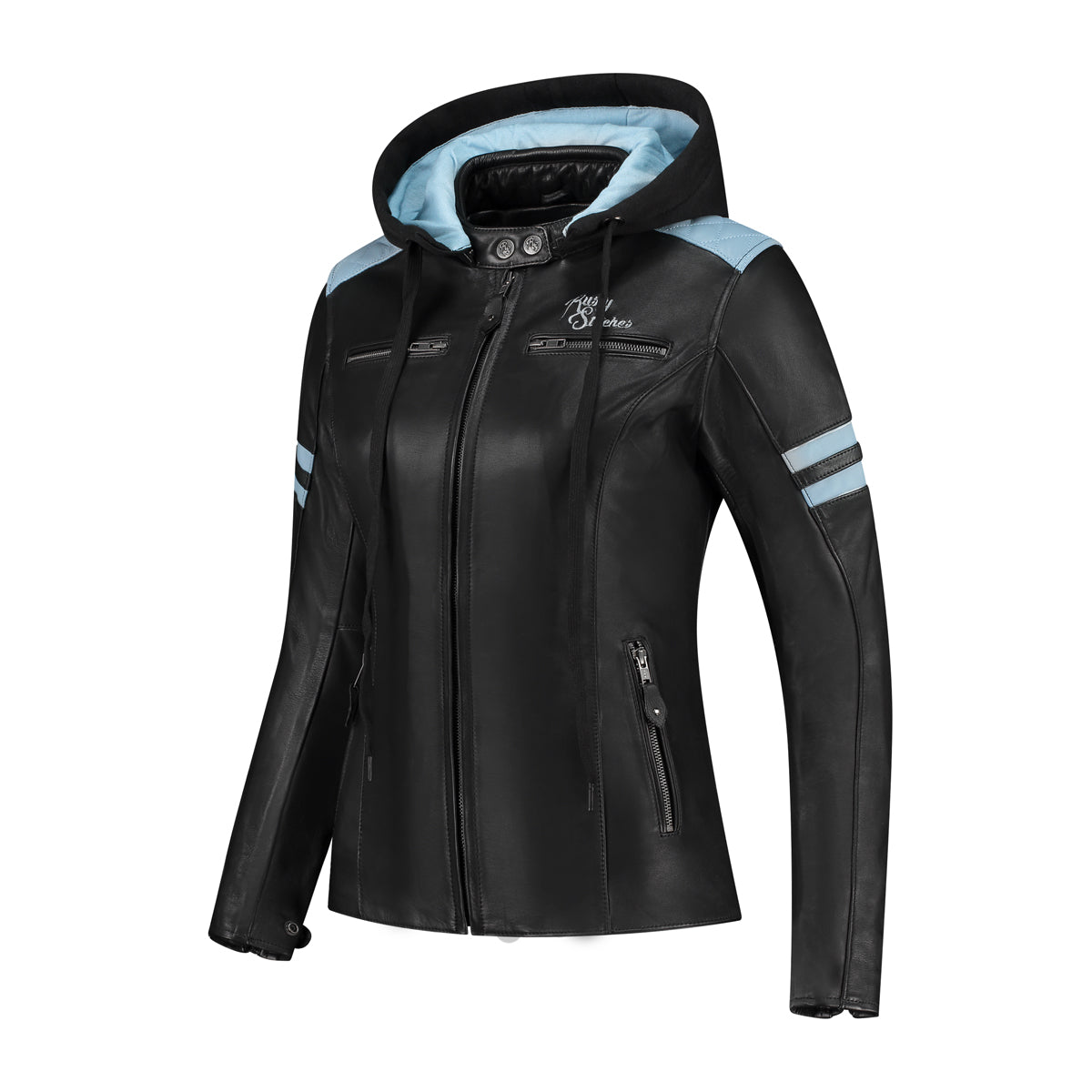 Rusty Stitches Joyce Hooded V2 Ladies Leather Jacket Black / Baby Blue - FREE 1 YEAR Returns, FREE UK Delivery | ThrottleChimp