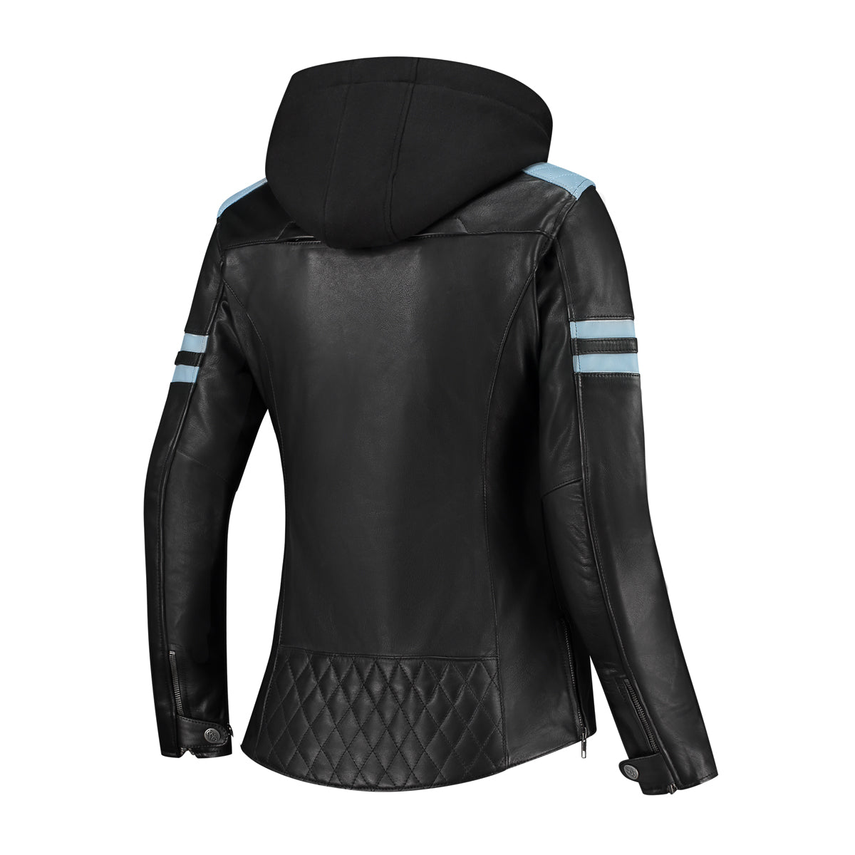 Rusty Stitches Joyce Hooded V2 Ladies Leather Jacket Black / Baby Blue - FREE 1 YEAR Returns, FREE UK Delivery | ThrottleChimp