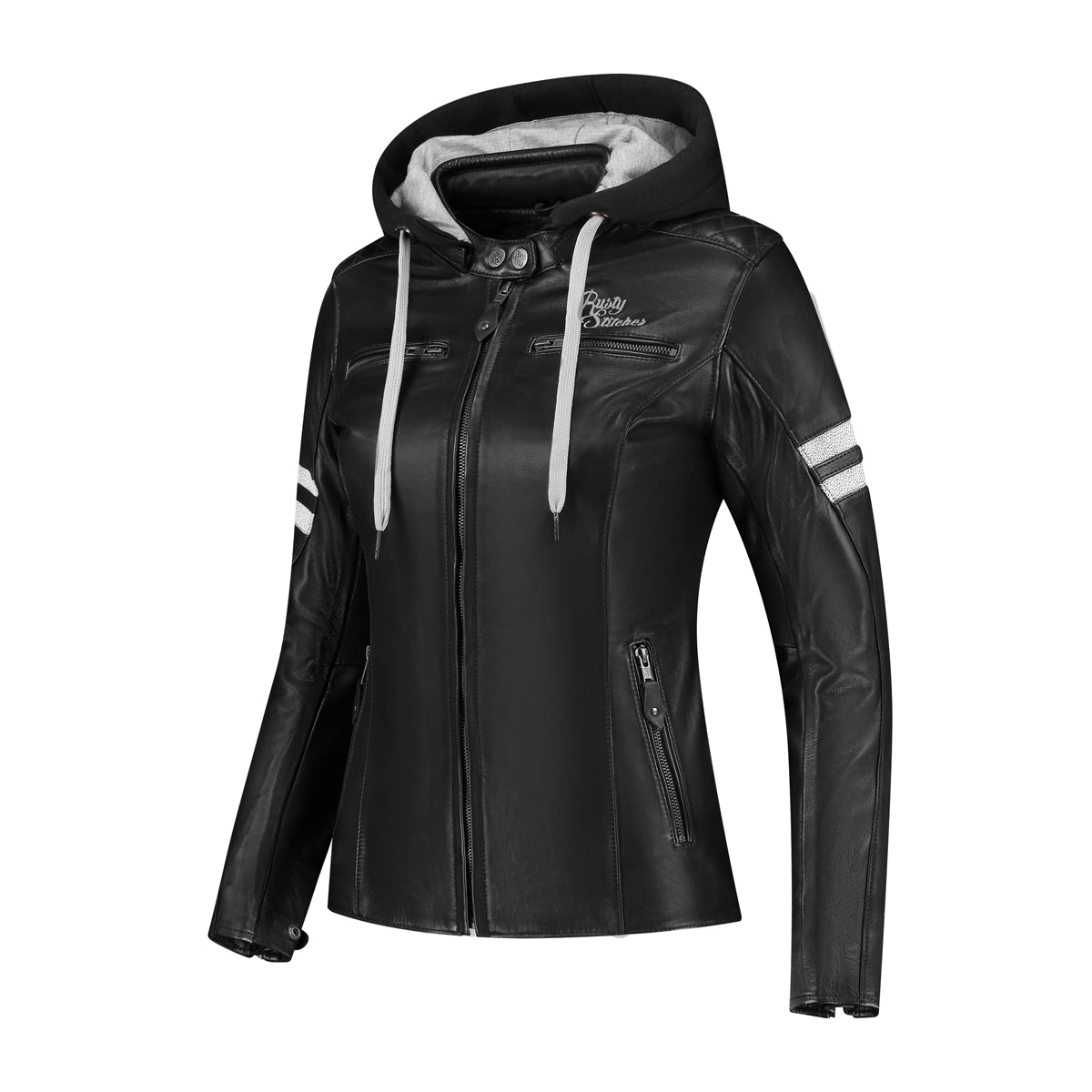 Rusty Stitches Joyce Hooded V2 Ladies Leather Jacket Black / White - FREE 1 YEAR Returns, FREE UK Delivery | ThrottleChimp