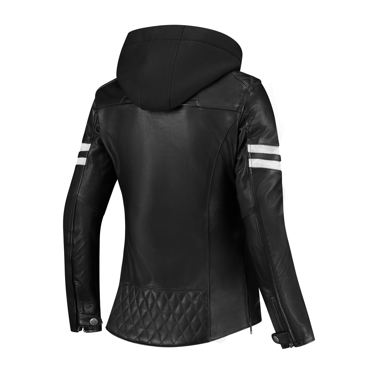 Rusty Stitches Joyce Hooded V2 Ladies Leather Jacket Black / White - FREE 1 YEAR Returns, FREE UK Delivery | ThrottleChimp