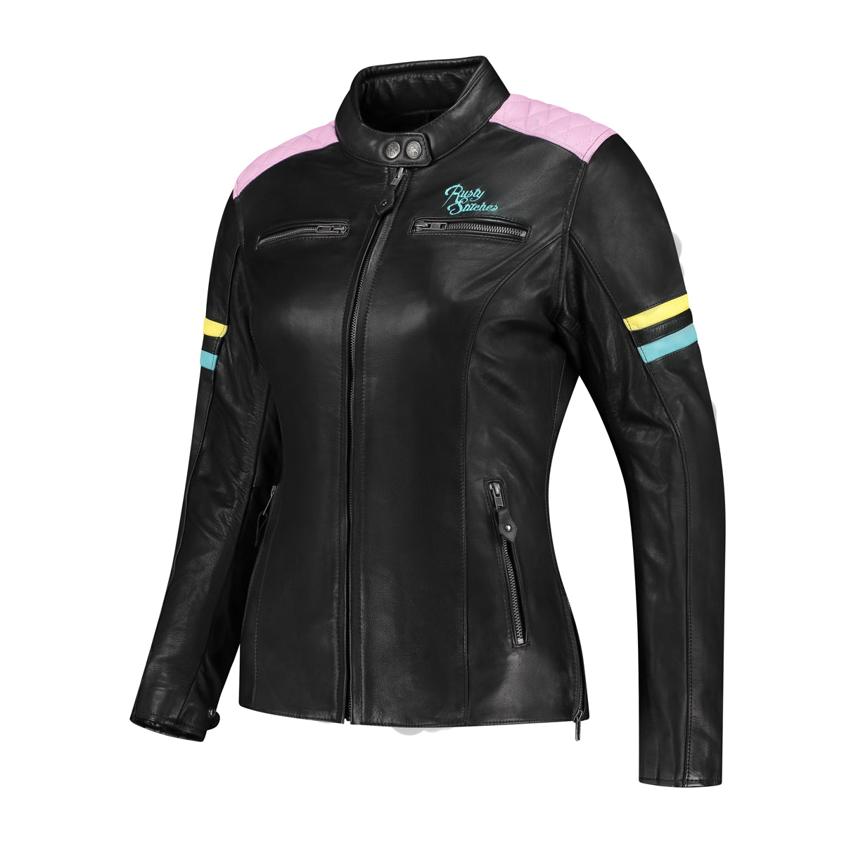 Rusty Stitches Joyce V2 Ladies Leather Jacket Black / Pastel - FREE 1 YEAR Returns, FREE UK Delivery | ThrottleChimp