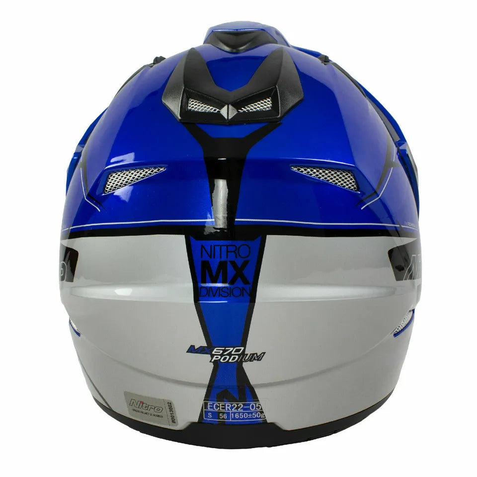 Nitro MX670 DVS Podium Pinlock Ready Adventure Helmet Black / Blue / Silver (Image 4) - ThrottleChimp