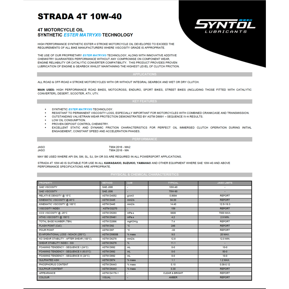 Syntol Strada 4T 10W-40 Motorcycle Synthetic Oil (Image 2) - ThrottleChimp