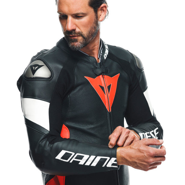 Dainese Tosa One Piece Perforated Leather Suit Black / Fluo Red / White (Image 5) - ThrottleChimp