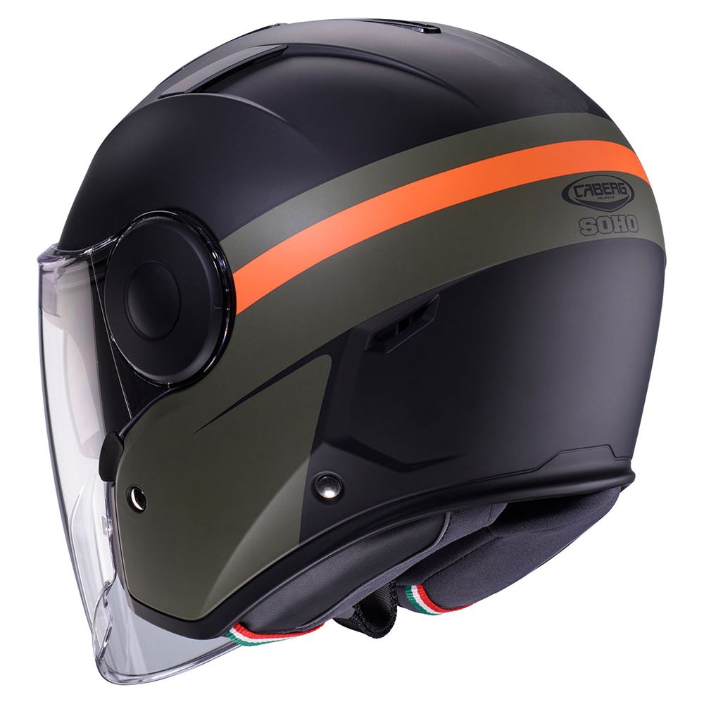 Caberg Soho Open Face Helmet Zephir Matt Black / Military Green / Orange (Image 3) - ThrottleChimp